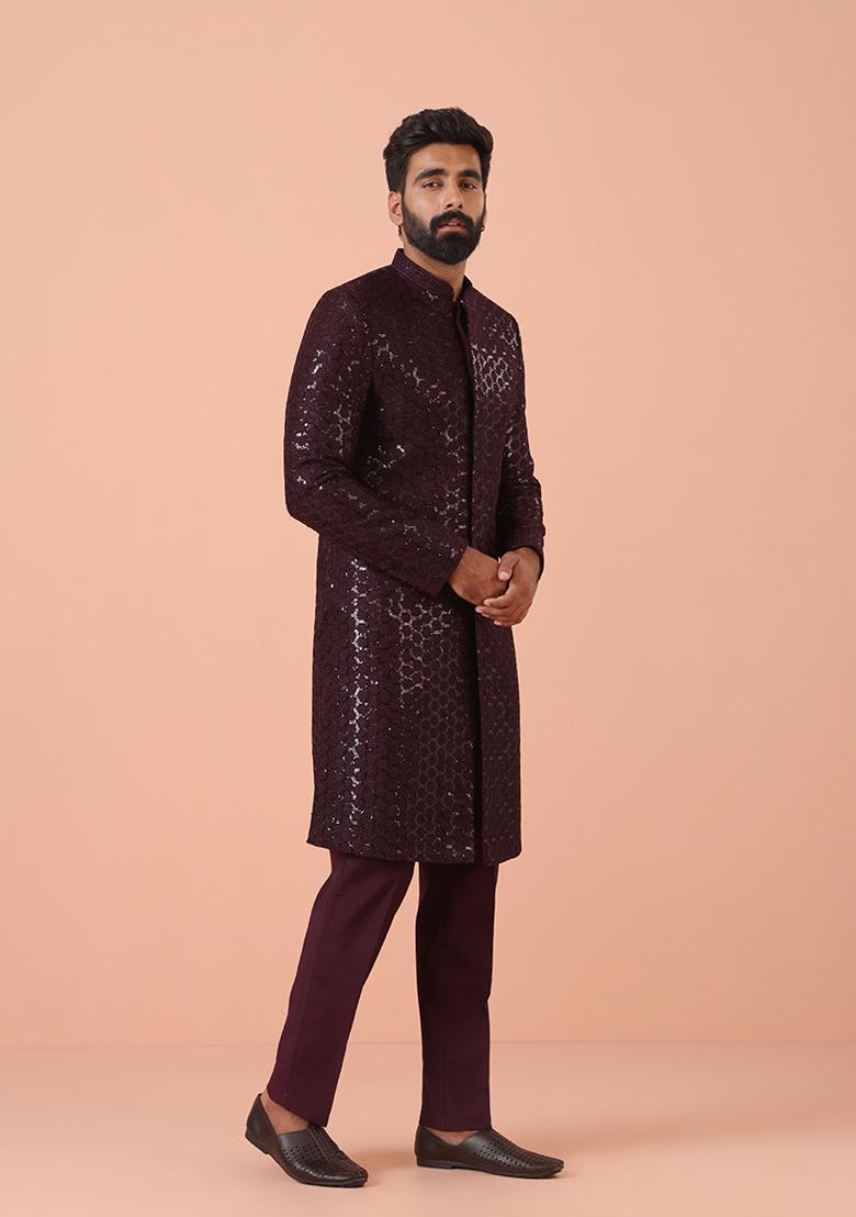Maroon Embellished Blend Sherwani Set
