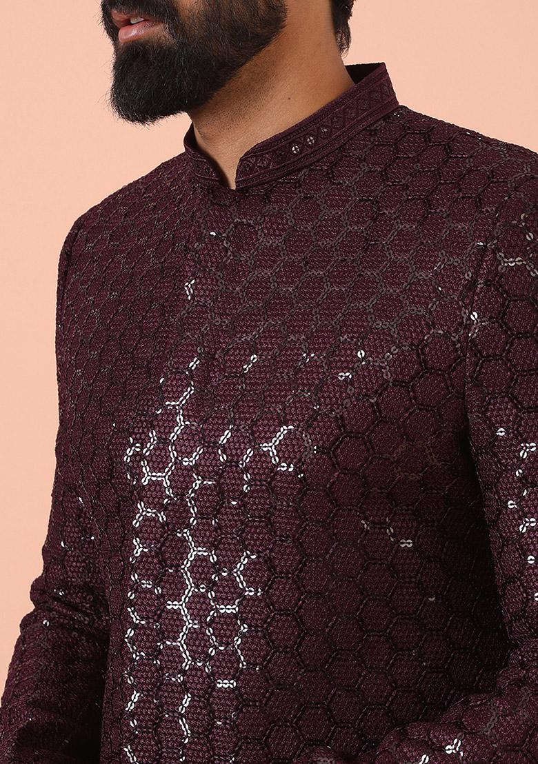 Maroon Embellished Blend Sherwani Set