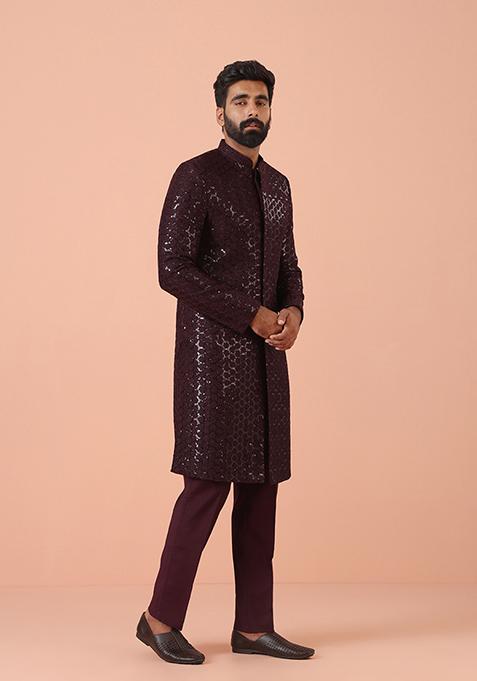 Maroon Embellished Blend Sherwani Set