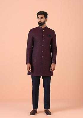 Navy Blue Jacquard Silk Blend Sherwani Set