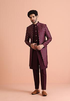 Maroon Jacquard Silk Blend Jacket Sherwani Set