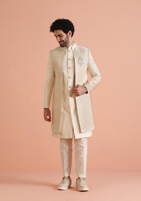 Off White Jacquard Silk Blend Jacket Sherwani Set