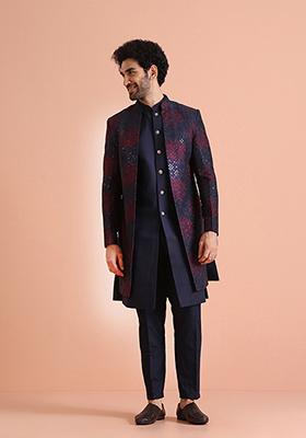 Green Jacquard Silk Blend Jacket Sherwani Set