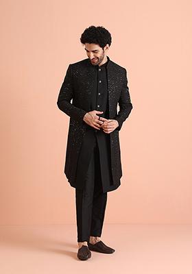 Black Embellished Blend Jacket Sherwani Set