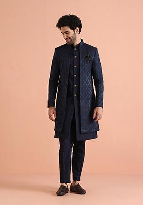Navy Blue Jacquard Silk Blend Jacket Sherwani Set