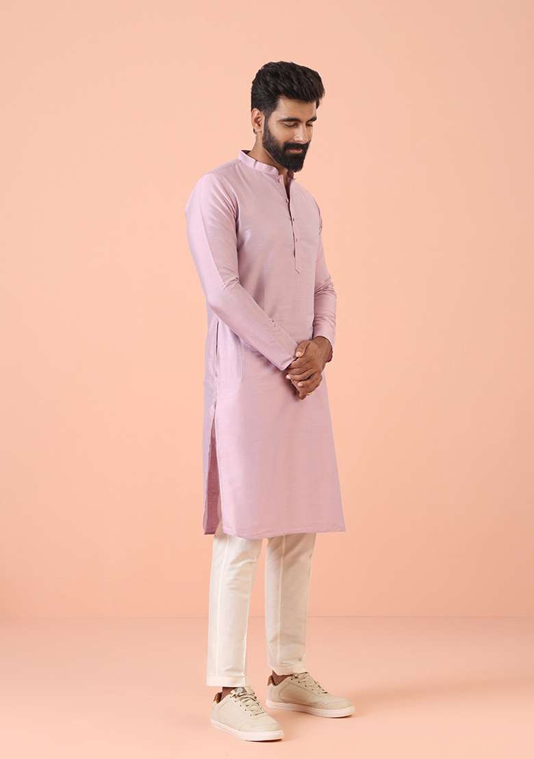 Pink Solid Cotton Blend Kurta Set - Indya
