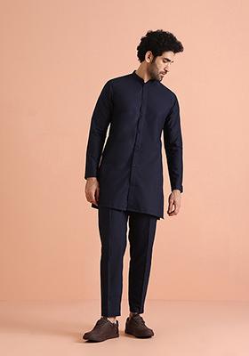 Navy Blue Solid Cotton Blend Kurta Set