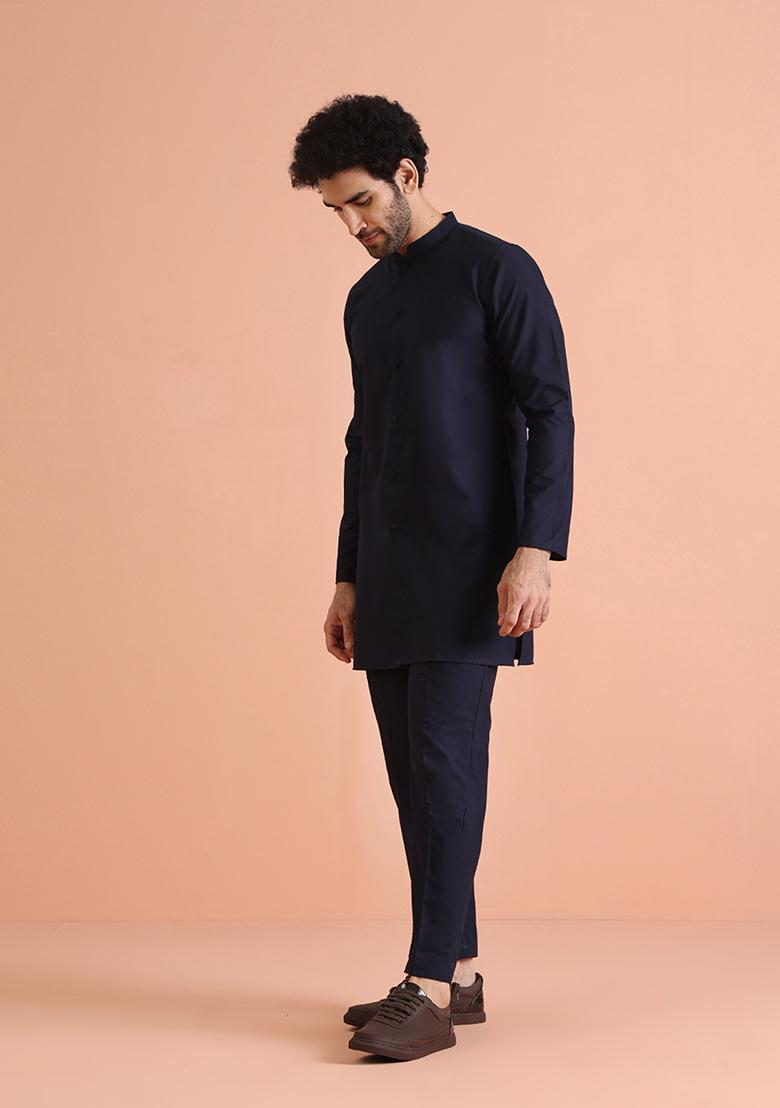 Navy Blue Solid Cotton Blend Kurta Set - Indya