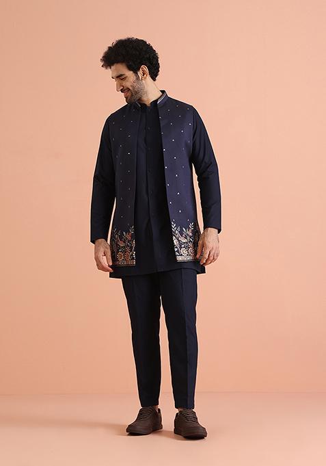 Navy Blue Embroidered Cotton Blend Kurta Jacket Set