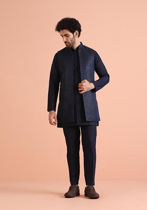 Navy Blue Embroidered Cotton Blend Kurta Jacket Set