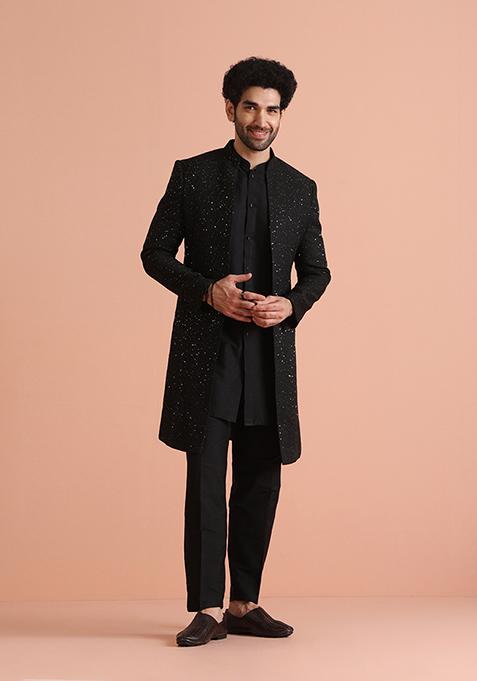 Black Embellished Blend Kurta Sherwani Set