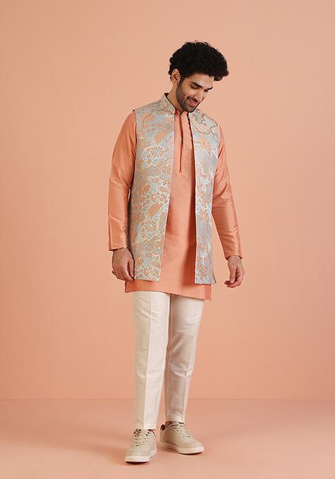 Blue Woven Design Silk Blend Kurta Jacket Set