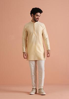 Cream Solid Cotton Blend Kurta Set