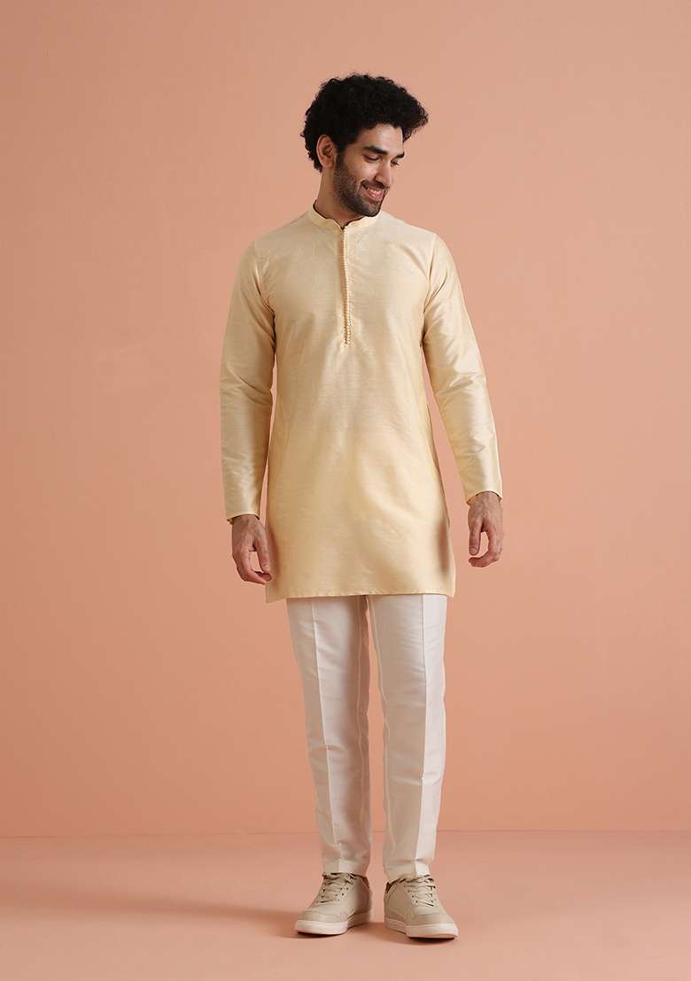Cream Solid Cotton Blend Kurta Set - Indya