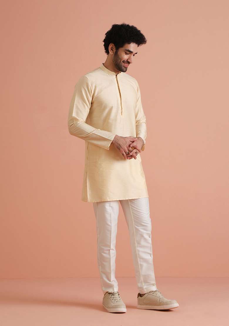Cream Solid Cotton Blend Kurta Set - Indya