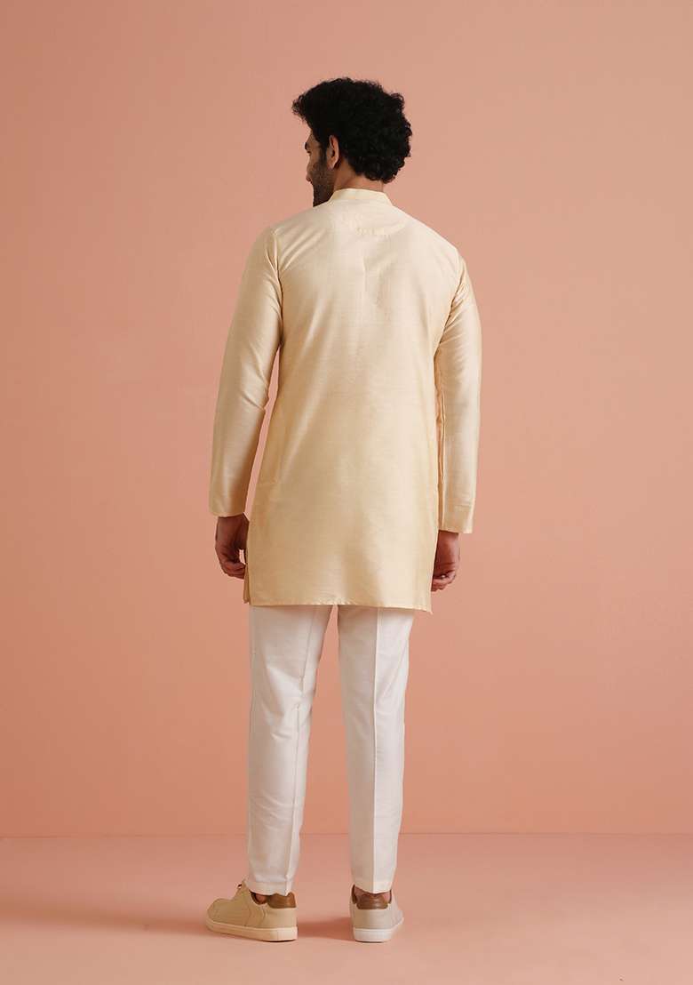 Cream Solid Cotton Blend Kurta Set - Indya