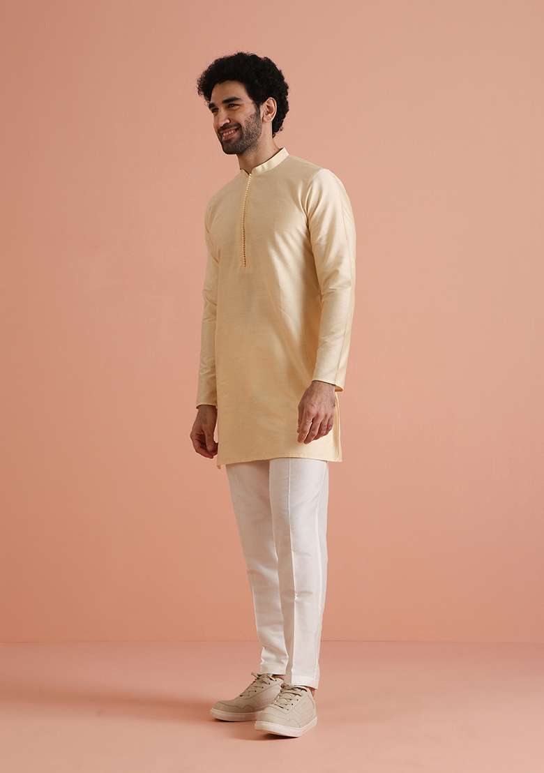 Cream Solid Cotton Blend Kurta Set - Indya