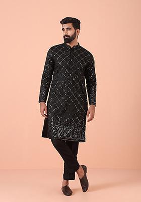 Black Embroidered Cotton Blend Kurta Set