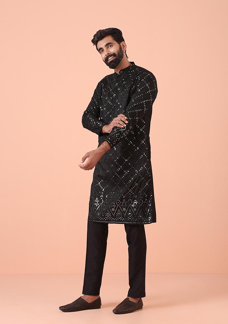 Black Embroidered Cotton Blend Kurta Set - Indya