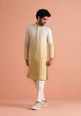Yellow Embroidered Cotton Blend Kurta Set