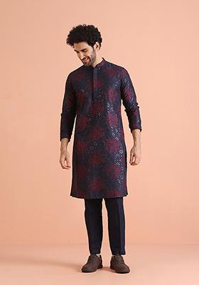 Navy Blue Embroidered Cotton Blend Kurta Set