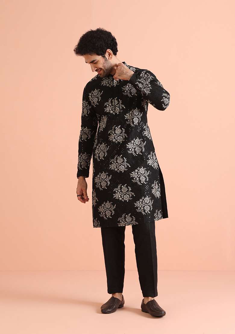 Black Embroidered Cotton Blend Kurta Set - Indya