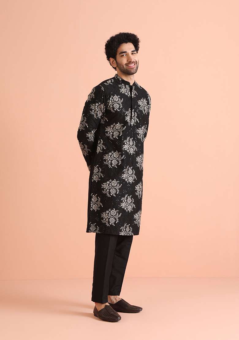 Black Embroidered Cotton Blend Kurta Set - Indya