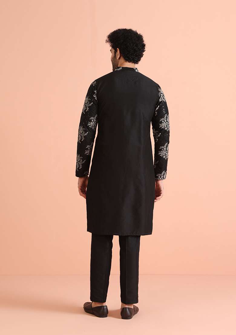 Black Embroidered Cotton Blend Kurta Set - Indya