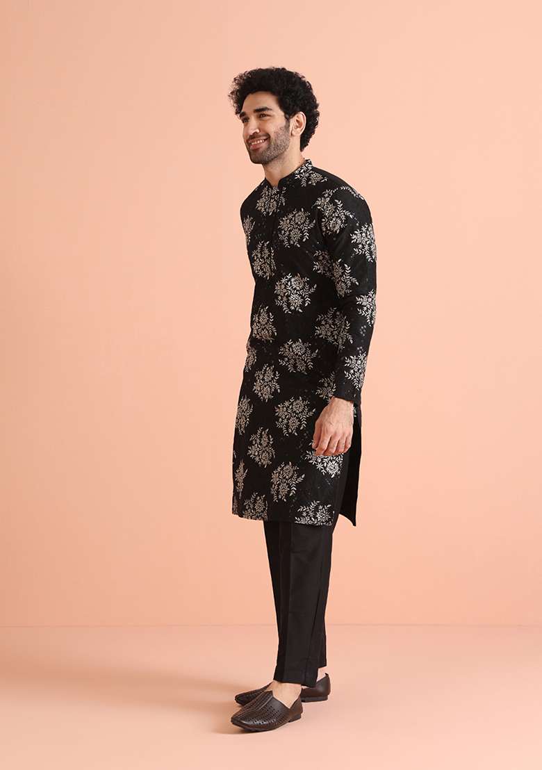 Black Embroidered Cotton Blend Kurta Set - Indya