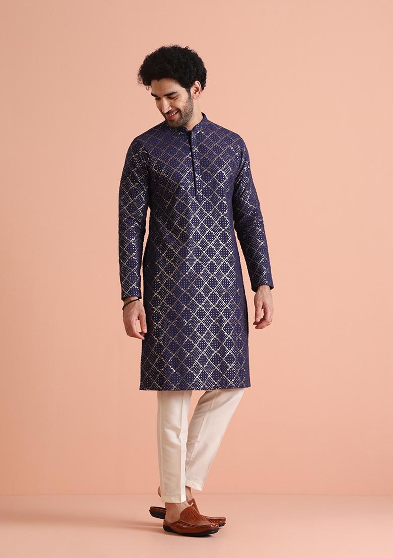 Purple Embroidered Cotton Blend Kurta Set