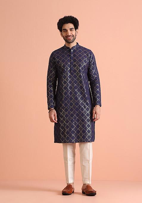Purple Embroidered Cotton Blend Kurta Set