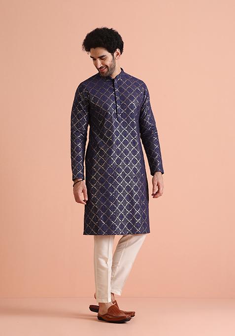 Purple Embroidered Cotton Blend Kurta Set