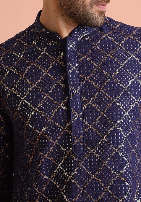 Purple Embroidered Cotton Blend Kurta Set