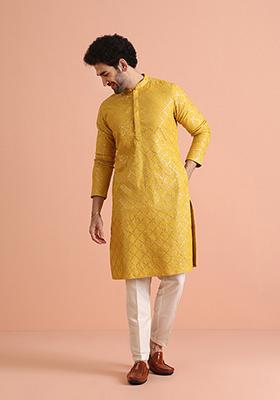 Yellow Embroidered Cotton Blend Kurta Set