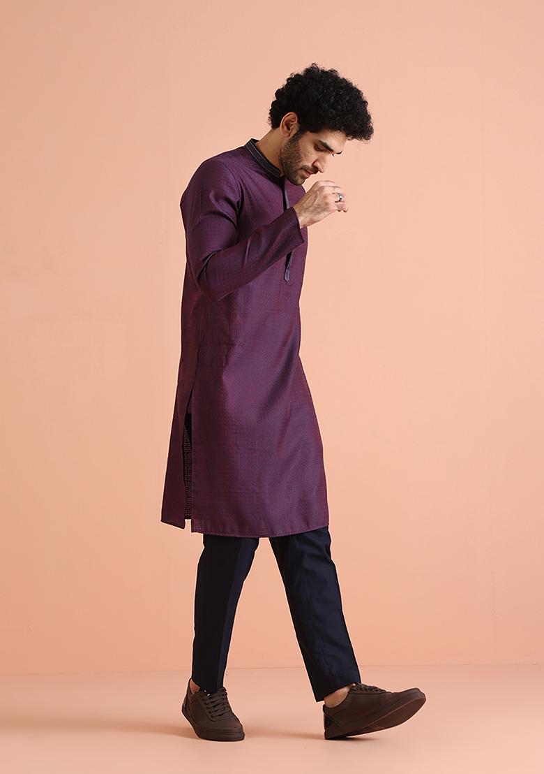 Blue Self Design Silk Blend Kurta Set - Indya