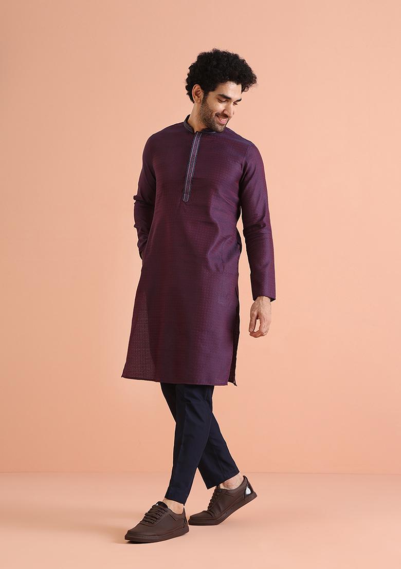 Blue Self Design Silk Blend Kurta Set - Indya