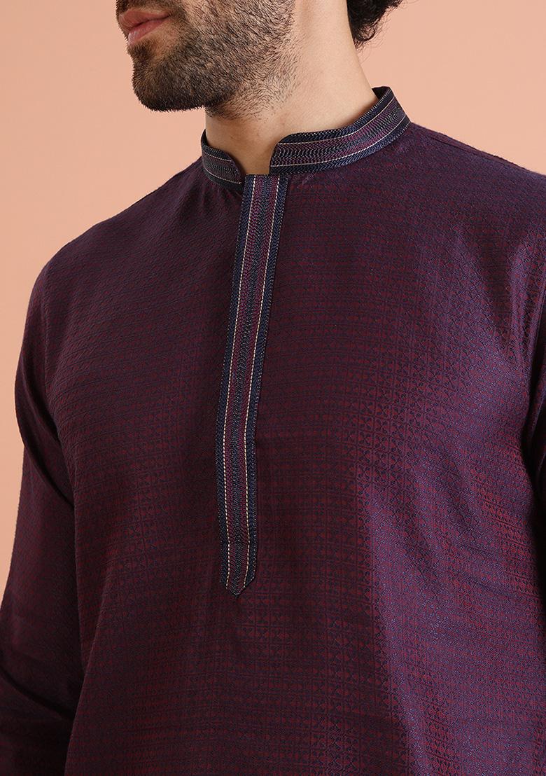 Blue Self Design Silk Blend Kurta Set