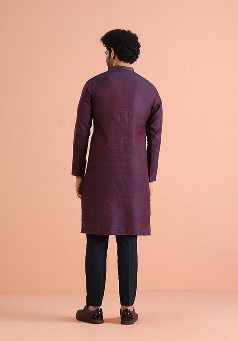 Blue Self Design Silk Blend Kurta Set