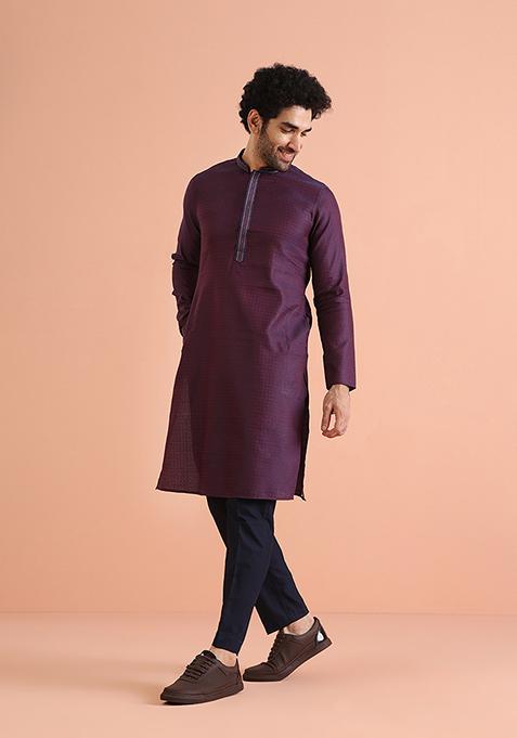 Blue Self Design Silk Blend Kurta Set