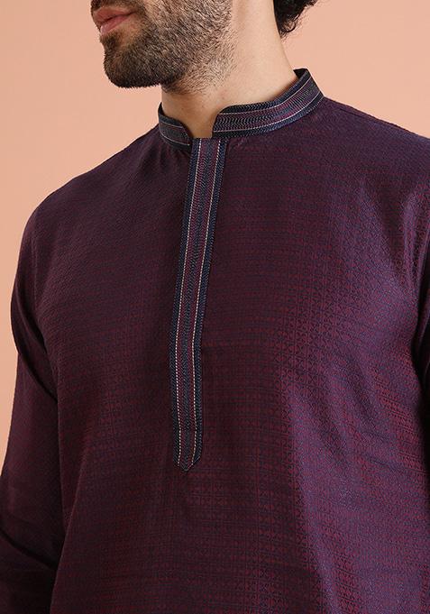 Blue Self Design Silk Blend Kurta Set