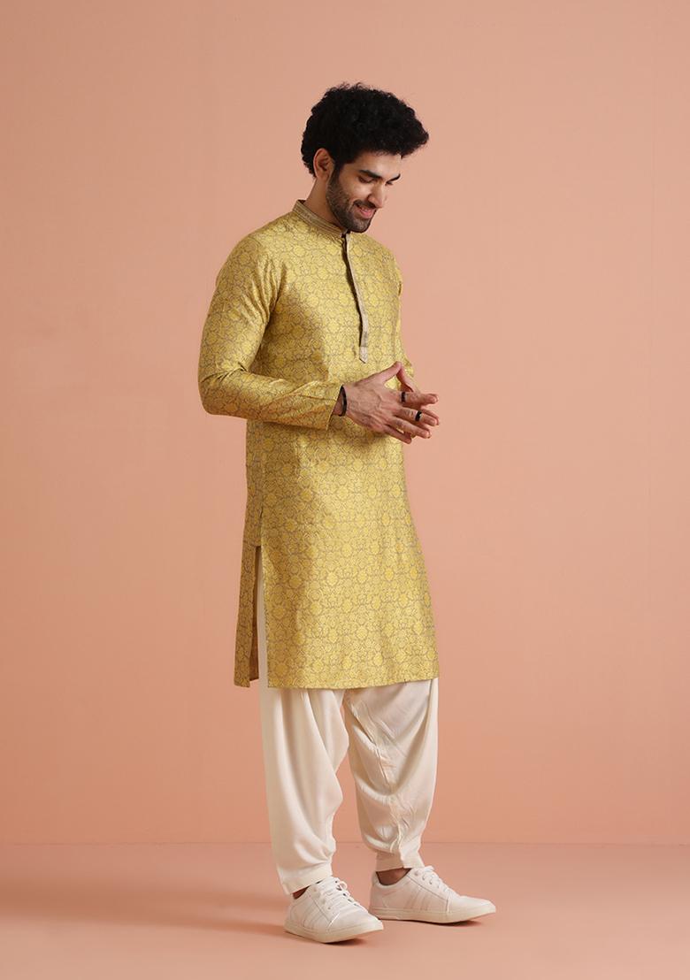 Yellow Self Design Silk Blend Kurta Set