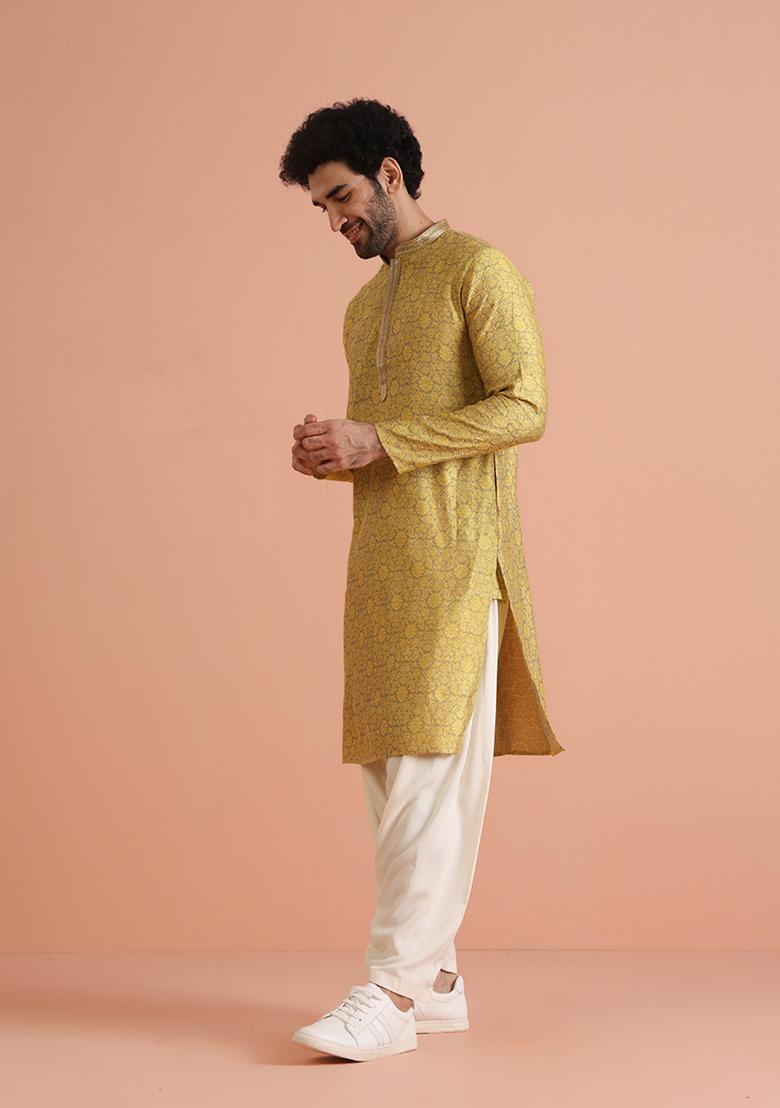 Yellow Self Design Silk Blend Kurta Set