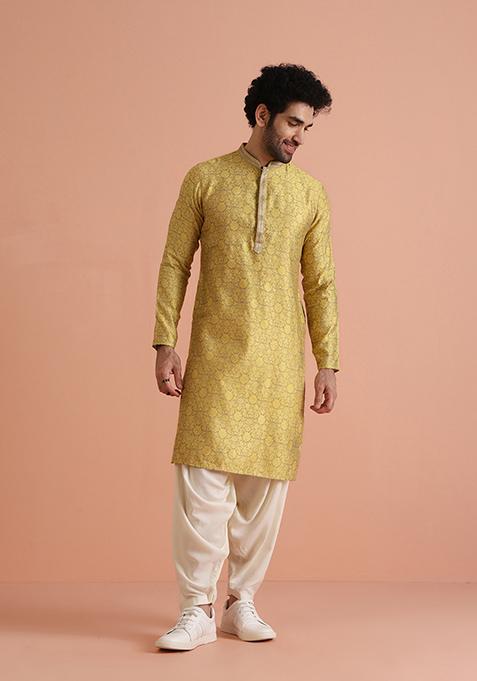 Yellow Self Design Silk Blend Kurta Set