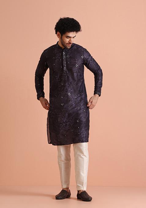 Violet Embroidered Cotton Blend Kurta Set