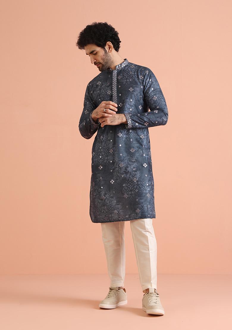 Blue Embroidered Cotton Blend Kurta Set