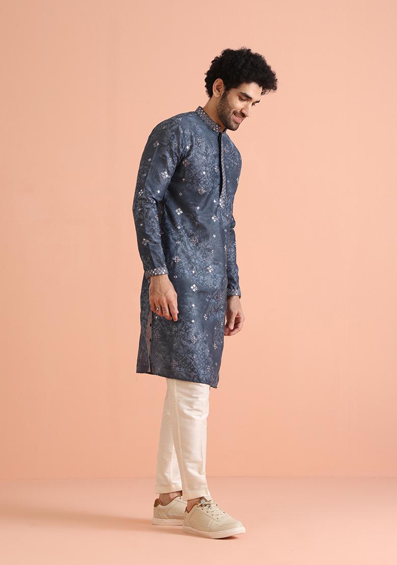 Blue Embroidered Cotton Blend Kurta Set