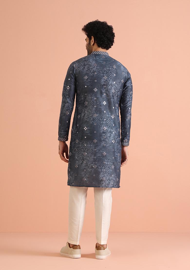 Blue Embroidered Cotton Blend Kurta Set