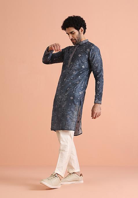 Blue Embroidered Cotton Blend Kurta Set
