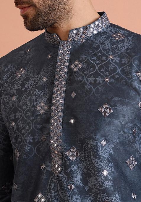 Blue Embroidered Cotton Blend Kurta Set