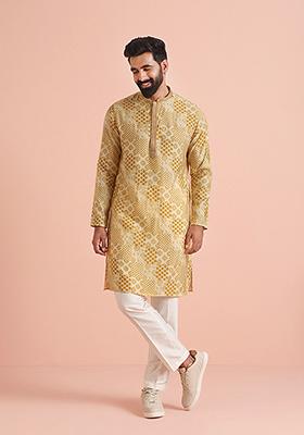 Yellow Printed Cotton Blend Kurta Set
